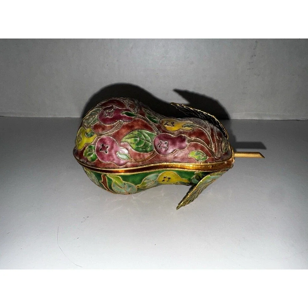Vintage Cloisonné Pear Trinket Boxes Set of 3 Brass Enamel Lift-Off Lids